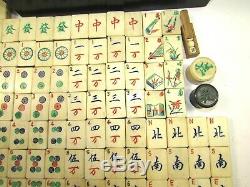 Antique Bone & Bamboo Mahjong Set in Slide Top Box Complete Mah jong