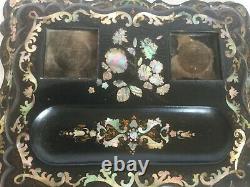Gorgeous Antique Desk Top Set Double INKWELL Ca 1840 INLAID Abalone Box MOP