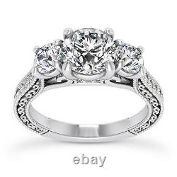 Pave Three Stone 3.18 Ct Round Diamond Engagement Ring White Gold SI1 G Enhanced