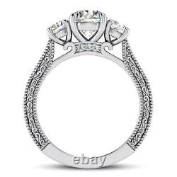 Pave Three Stone 3.18 Ct Round Diamond Engagement Ring White Gold SI1 G Enhanced