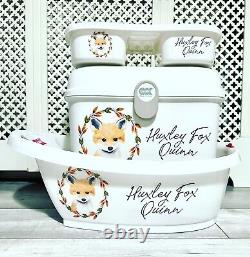 Personalised Baby Bath, Baby Box, top and tail tray fox design