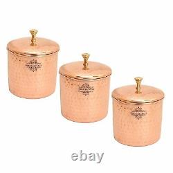 Pure Copper Hammered Design Storage Box Container Knob On Top 900 Ml Set Of 3