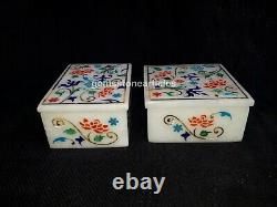 Set Of 2 White Marble Top Jewelry Personalized Box Multi Stone Marquetry Decors