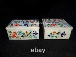 Set Of 2 White Marble Top Jewelry Personalized Box Multi Stone Marquetry Decors