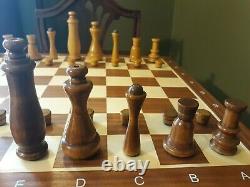 VTG MCM Chess Pieces Set Slide Top Box Carved Turned Wood Handmade 5 King OOAK
