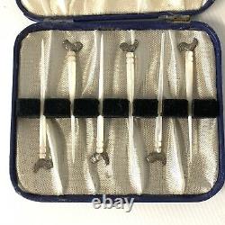 Vintage Boxed Set Of 6 Art Deco Mother of Pearl Cockerel Top Cocktail Sticks