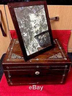 Antique Travelling Grooming Ensemble Haut En Argent - Rose Wood Box Mother Pearl Inlay1840