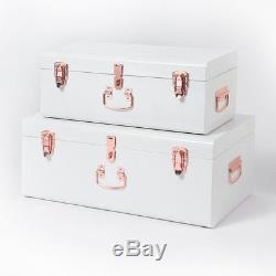Boîte De Rangement Vintage Coffre Coffre Métal Blanc Rose Or Ensemble De 2 Nouveau Top Qualité