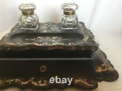 Superbe Ensemble De Dessus De Bureau Antique Double Inkwell Ca 1840 Inlaid Abalone Box Mop