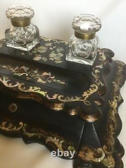 Superbe Ensemble De Dessus De Bureau Antique Double Inkwell Ca 1840 Inlaid Abalone Box Mop